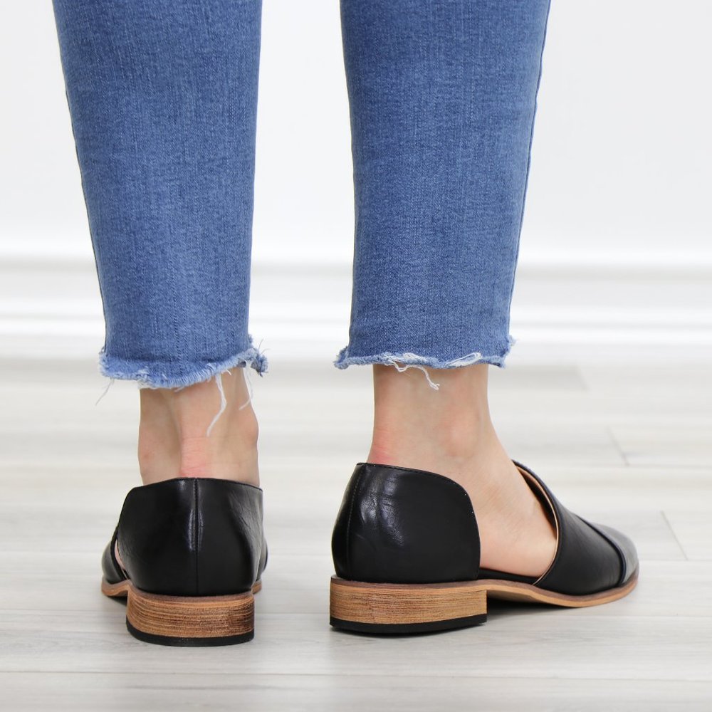 Black Opened Side Pointy Slip On Flat Loafer - Picture 10 of 13